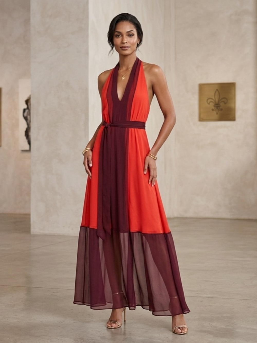 Haute Hippie 100% Silk Halter Maxi Dress Paprika Colorway (Red Orange & Plum) XS